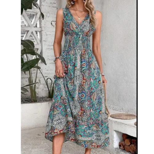 Verão boho vestidos femininos fahsion sem mangas impressão praia vestidos de festa 2024 elegante casual férias para mulher longo a linha vestido - Imagem 12