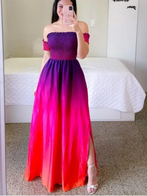 Elegante feminino fora do ombro midi vestido 2024 verão moda vestidos de cintura alta flor impressão manga curta vestidos robe roupas - Imagem 3