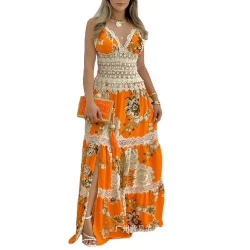 Vestido de Praia Feminino com Painel de Bordas, Saia Longa, Decote V, Estampado, Férias Europeu e Americano, Sexy, Verão, 2022 - Imagem 4