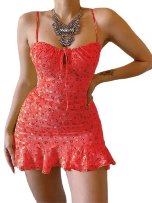 Floral impressão cinta de espaguete vestidos femininos sexy baixo corte oco para fora leace-up pacote hip babados mini vestido feminino 2024 - Imagem 4