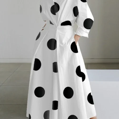 Vestido de outono manga longa dot print elegante maxi vestidos para as mulheres 2024 branco casual com decote em v camisa festa vestido longo robe femme