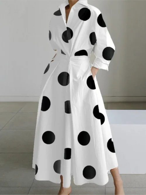 Vestido de outono manga longa dot print elegante maxi vestidos para as mulheres 2024 branco casual com decote em v camisa festa vestido longo robe femme