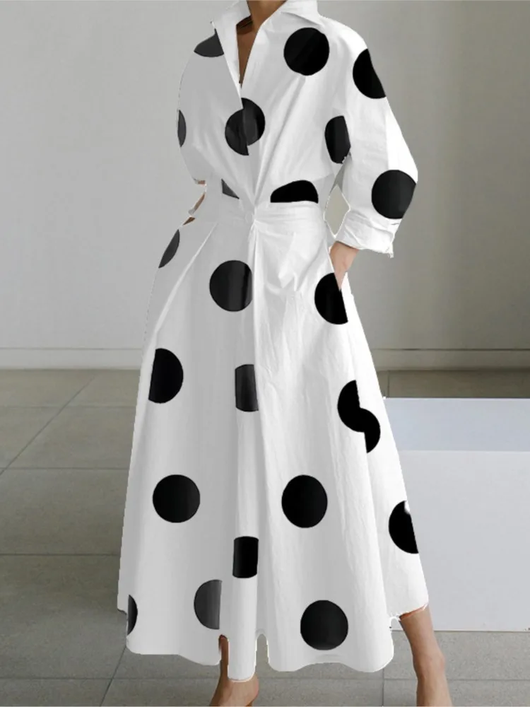 Vestido de outono manga longa dot print elegante maxi vestidos para as mulheres 2024 branco casual com decote em v camisa festa vestido longo robe femme