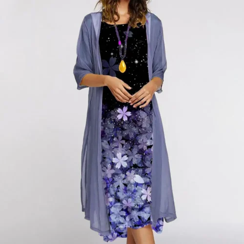 Feminino 1 conjunto elegante vintage em torno do pescoço vestido de duas peças senhoras vestido conjunto floral impressão para festa - Imagem 5