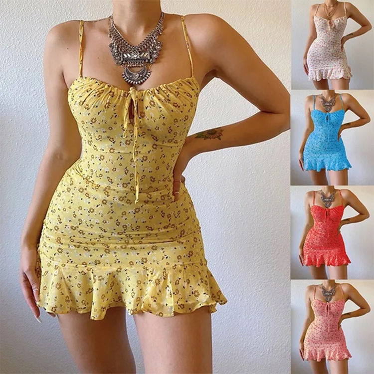 Floral impressão cinta de espaguete vestidos femininos sexy baixo corte oco para fora leace-up pacote hip babados mini vestido feminino 2024