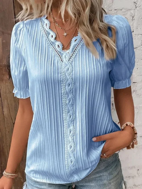 Verão feminino novo topo 2024 sólido sexy com decote em v oco camisa de manga curta moda splice plus size blusa solta vestuário rua - Imagem 28