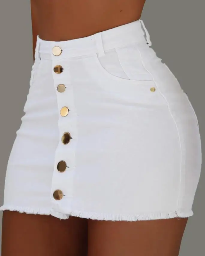 Saia sexy para mulher primavera verão 2023 botão liso voar bainha crua mini saia jeans feminina magra