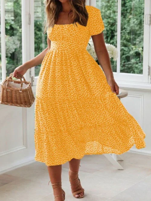 Verão feminino praia doce vestidos vintage impressão puff manga casual gola quadrada floral feminino maxi vestido longo - Imagem 3