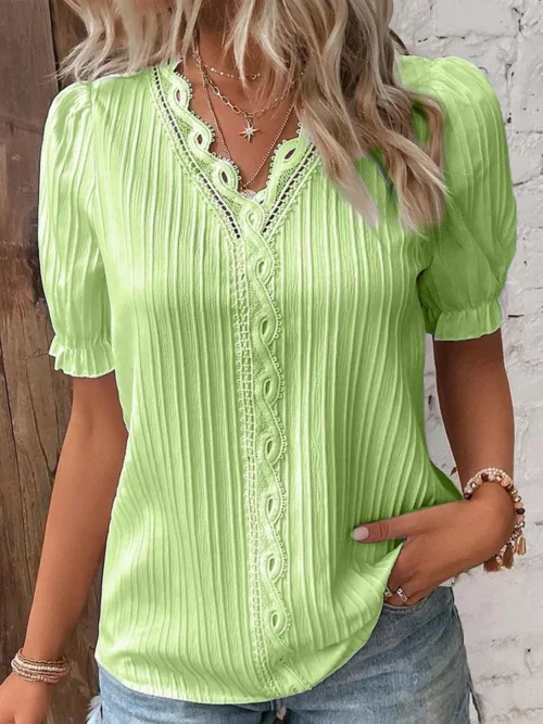 Verão feminino novo topo 2024 sólido sexy com decote em v oco camisa de manga curta moda splice plus size blusa solta vestuário rua - Imagem 5