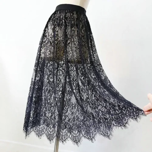 2 comprimento elegante saia preta renda branca transparente longa saia de tule senhoras elástica cintura alta praia midi saia transporte da gota - Imagem 2