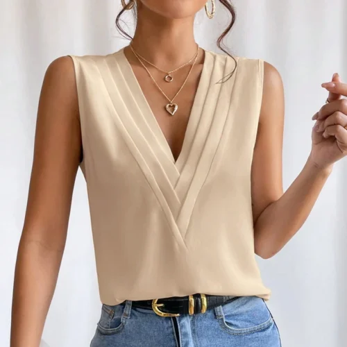 Sólido casual solto sem mangas blusas para mulheres moda verão camisas e blusas de grandes dimensões elegantes jovens femininos topos - Imagem 5