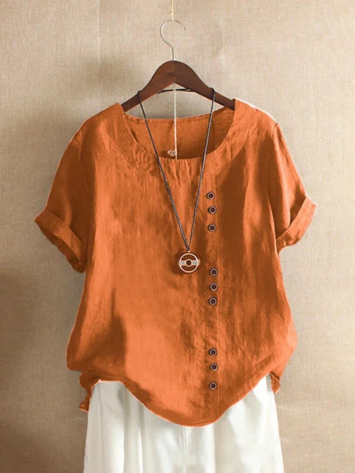 Top feminino de algodão e linho verão casual solto botão manga curta cor sólida pulôver blusa femme blusas - Imagem 28