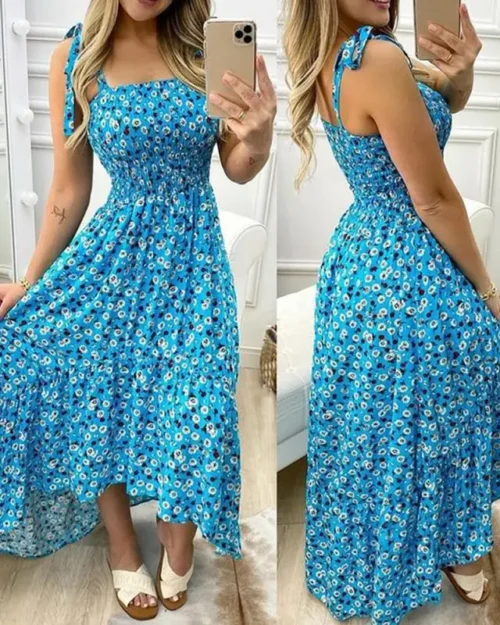 Verão sexy cinta de espaguete floral impressão maxi vestido para as mulheres 2024 casual elegante peito envoltório longo mulher praia vestido férias - Imagem 7
