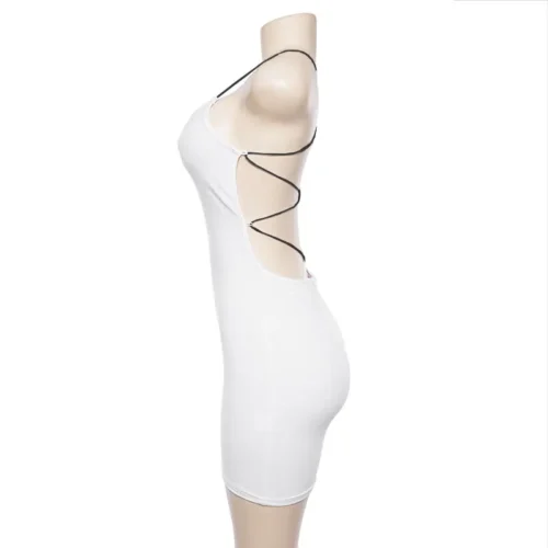 Sexy preto verão roupas femininas cor sólida sem costas cintas de espaguete boate vestido bodycon festa à noite baixo pescoço mini vestido - Imagem 32