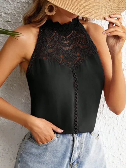 Elegante sem mangas camisa feminina 2025 verão rosa moda oco estilo renda regata para mulheres topos bloues camisas de mulher xxl - Imagem 18