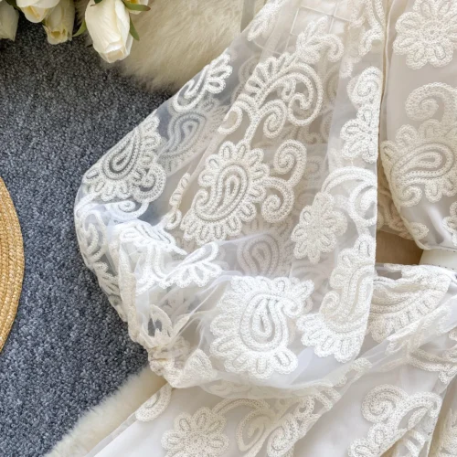 Francês doce decote em v lanterna manga mini vestido de verão feminino bordado flor malha retalhos cinto casual praia a linha festa robes - Imagem 13