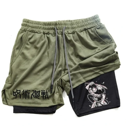Calções de Anime Performance Masculina, Estampada Toji, Ginásio, Casual, Esportes, Treino, Corrida, Malha, Calça curta esportiva 2 em 1 - Imagem 3