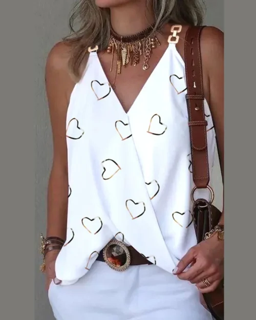 2024 verão com decote em v fivela de metal listrado impresso regata para mulher solta sem mangas pulôver blusa femme blusas mujer - Imagem 12