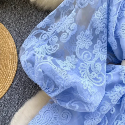 Francês doce decote em v lanterna manga mini vestido de verão feminino bordado flor malha retalhos cinto casual praia a linha festa robes - Imagem 4