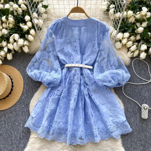 Francês doce decote em v lanterna manga mini vestido de verão feminino bordado flor malha retalhos cinto casual praia a linha festa robes - Imagem 9