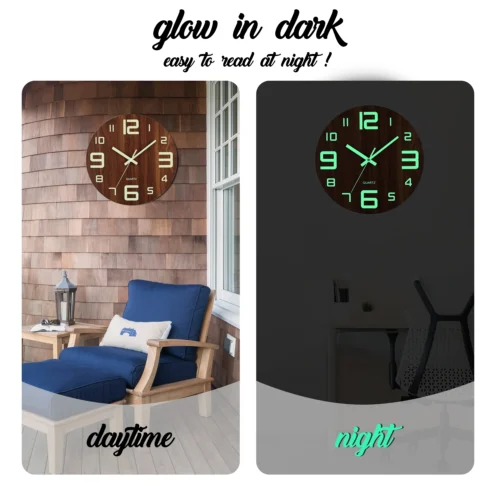 12 Polegada relógio de parede luminoso madeira luz silenciosa na noite escura nordic moda relógio de parede não ticking com luz noturna - Imagem 10
