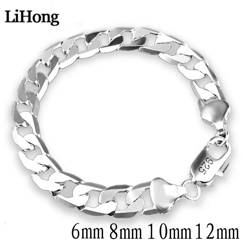 Pulseira de prata esterlina 925, pulseira lateral de prata 6mm8mm10mm, pulseira masculina e feminina, joias