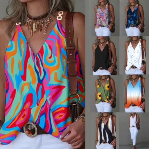 2024 verão com decote em v fivela de metal listrado impresso regata para mulher solta sem mangas pulôver blusa femme blusas mujer - Imagem 17