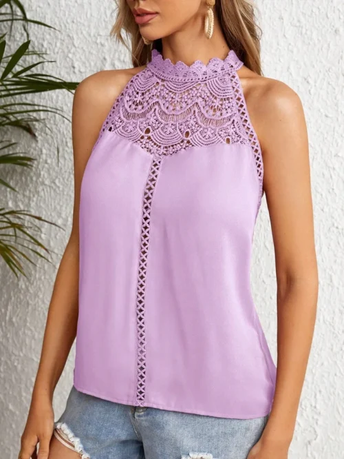 Elegante sem mangas camisa feminina 2025 verão rosa moda oco estilo renda regata para mulheres topos bloues camisas de mulher xxl - Imagem 30
