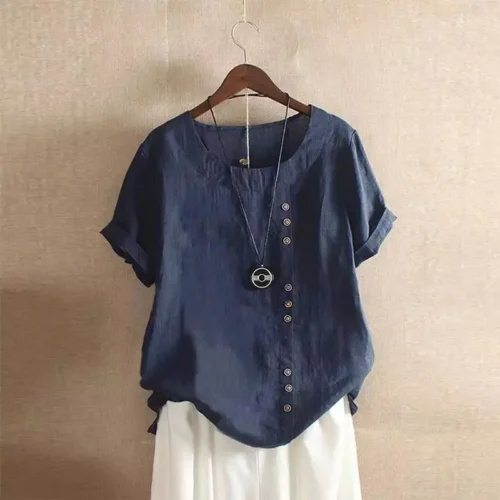 Top feminino de algodão e linho verão casual solto botão manga curta cor sólida pulôver blusa femme blusas - Imagem 17