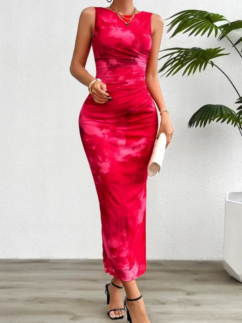 Primavera/verão fino ajuste sem mangas mudança de cor gradual vestido sexy tempero topo peito impressão saco hip fenda saia - Imagem 4