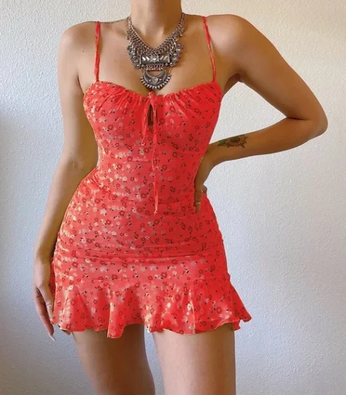 Floral impressão cinta de espaguete vestidos femininos sexy baixo corte oco para fora leace-up pacote hip babados mini vestido feminino 2024 - Imagem 8