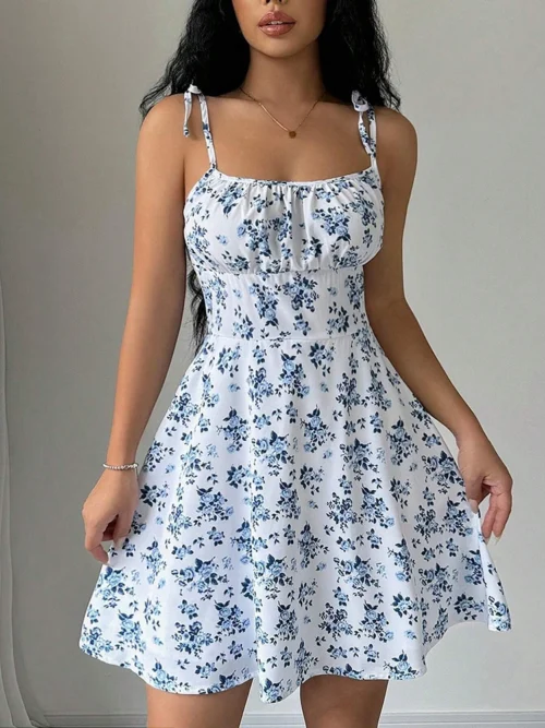 Vestido curto de praia com alça espaguete floral de verão feminino, mini vestido feminino, roupas femininas, vestidos vermelhos, vestido, novo vestido 2025 - Imagem 3