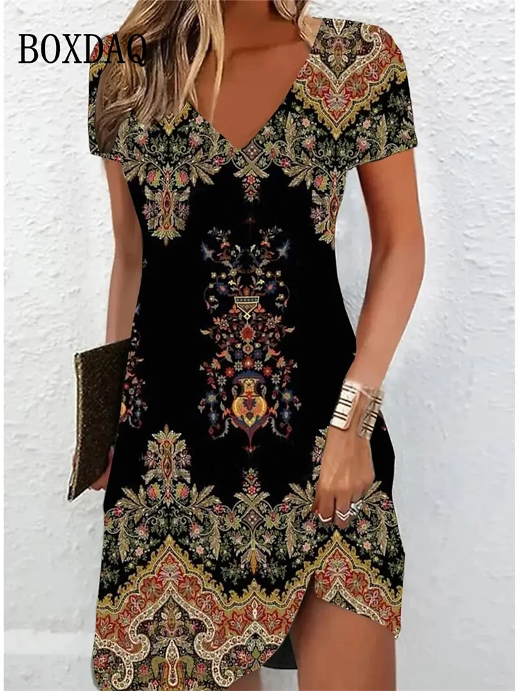Vintage feminino midi vestidos para 2024 estilo étnico floral impressão vestido solto plus size casual manga curta pulôver com decote em v vestido