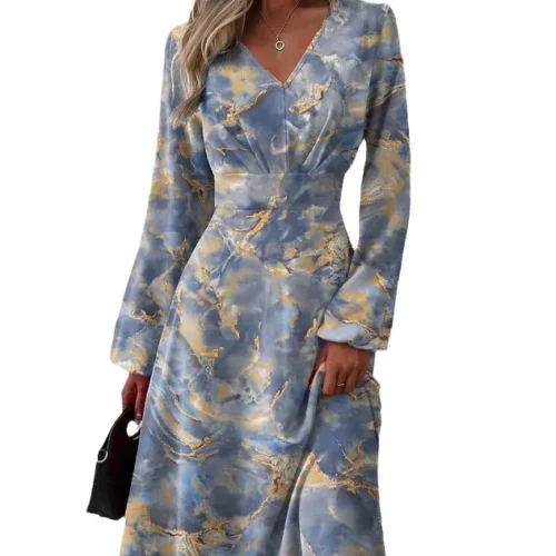 Vestido estampado slim fit feminino, mangas largas, sexy com decote em v, manga comprida, elegante, primavera, outono, novo - Imagem 8