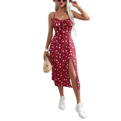 Vestido floral sem mangas feminino com fenda alta, cinta de espaguete estampa de flores, roupas femininas, verão, 2022 - Imagem 5