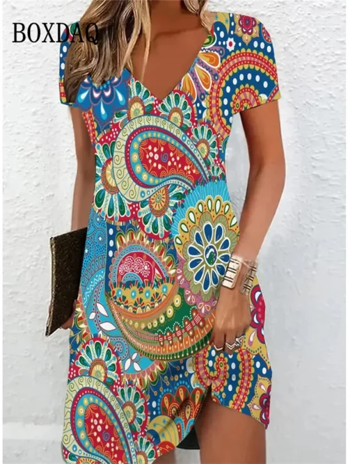 Vintage feminino midi vestidos para 2024 estilo étnico floral impressão vestido solto plus size casual manga curta pulôver com decote em v vestido - Imagem 4