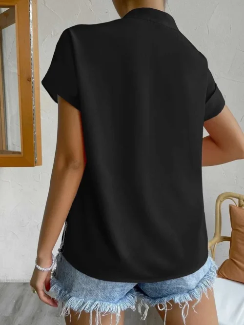 2024 verão com decote em v camisa feminina casual senhora do escritório cor sólida manga curta único breasted elegante blusa feminina femme blusas - Imagem 20