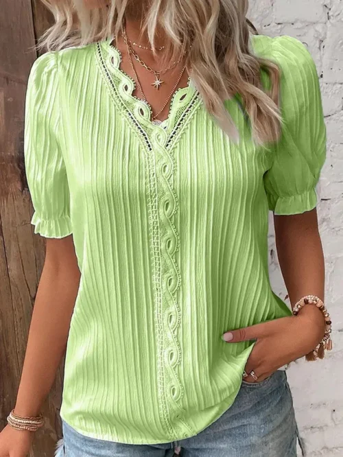 Verão feminino novo topo 2024 sólido sexy com decote em v oco camisa de manga curta moda splice plus size blusa solta vestuário rua - Imagem 15