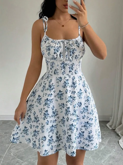 Vestido curto de praia com alça espaguete floral de verão feminino, mini vestido feminino, roupas femininas, vestidos vermelhos, vestido, novo vestido 2025 - Imagem 11
