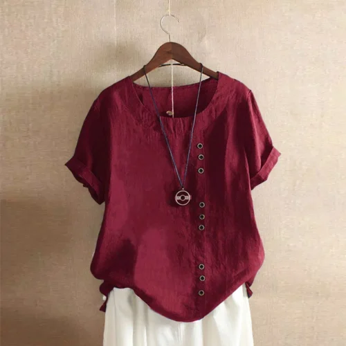 Top feminino de algodão e linho verão casual solto botão manga curta cor sólida pulôver blusa femme blusas - Imagem 13