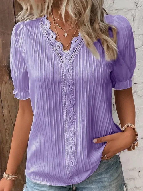 Verão feminino novo topo 2024 sólido sexy com decote em v oco camisa de manga curta moda splice plus size blusa solta vestuário rua - Imagem 24
