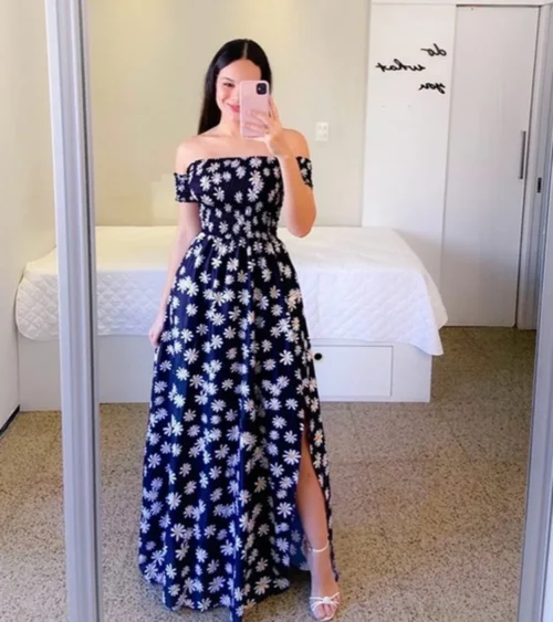Elegante feminino fora do ombro midi vestido 2024 verão moda vestidos de cintura alta flor impressão manga curta vestidos robe roupas - Imagem 26