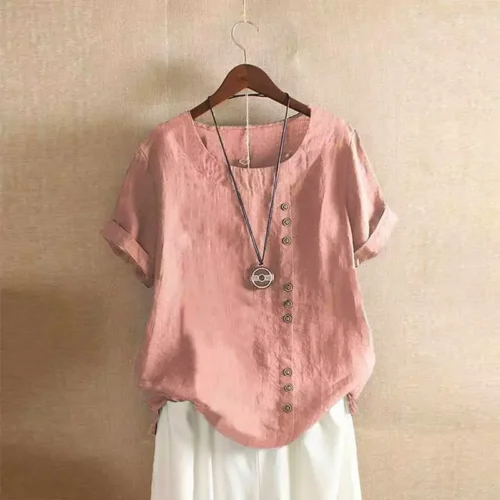 Top feminino de algodão e linho verão casual solto botão manga curta cor sólida pulôver blusa femme blusas - Imagem 32