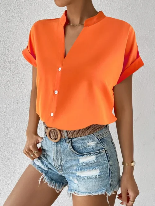 2024 verão com decote em v camisa feminina casual senhora do escritório cor sólida manga curta único breasted elegante blusa feminina femme blusas - Imagem 7