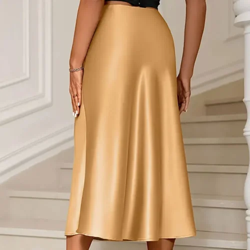 Y. KUKU saia midi feminina novo cetim brilhante saias de cintura alta marca casual moda vintage verão chique feminino faldas saia - Imagem 2