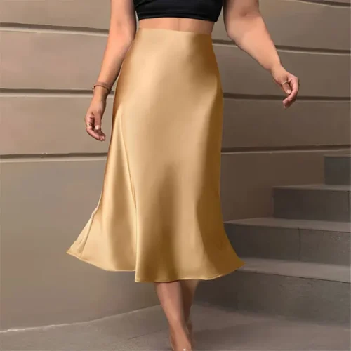 Y. KUKU saia midi feminina novo cetim brilhante saias de cintura alta marca casual moda vintage verão chique feminino faldas saia