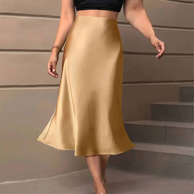 Y. KUKU saia midi feminina novo cetim brilhante saias de cintura alta marca casual moda vintage verão chique feminino faldas saia