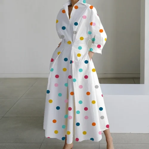 Vestido de outono manga longa dot print elegante maxi vestidos para as mulheres 2024 branco casual com decote em v camisa festa vestido longo robe femme - Imagem 23