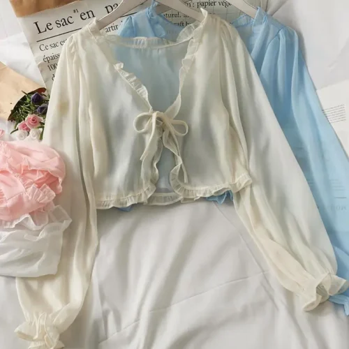 Manga longa fina respirável camisetas femininas laço arco cardigan blusa roupas babados proteção solar outwear blusa para capas - Imagem 11