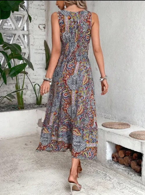 Verão boho vestidos femininos fahsion sem mangas impressão praia vestidos de festa 2024 elegante casual férias para mulher longo a linha vestido - Imagem 16